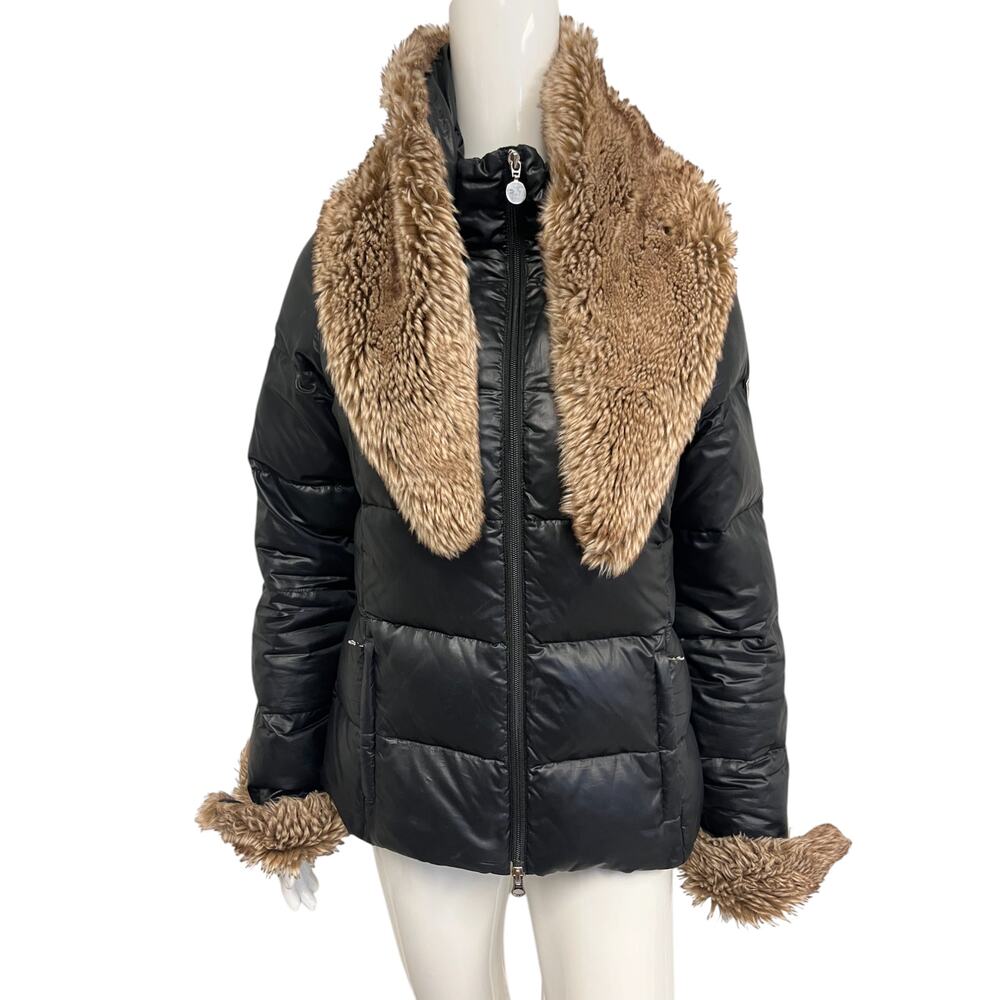 ARMANI Black Padded Quilted Faux Fur Collar Long Sleeve Puffer Coat Size L